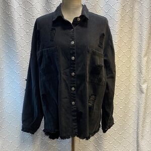 POL‎ size large Charcoal Button-Up denim Jacket grunge destroyed distressed